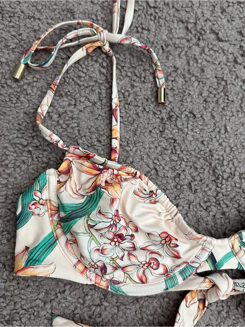 Monday Swimwear Floral Bikini Top High Waist Bottoms Cream Green Womens S